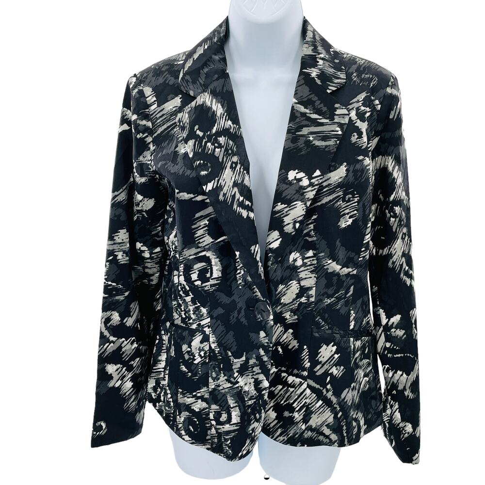 Chico's Black Silver Silk Paisley Abstract Print Lined Button Blazer Sz S 8  NWT